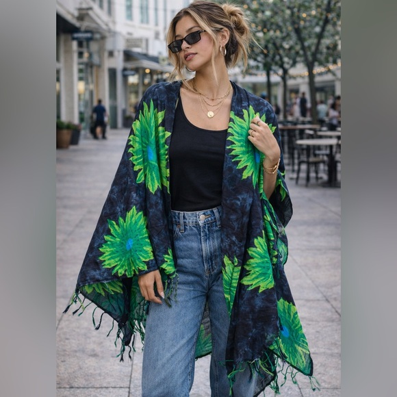 Ingear Sweaters - Ingear Y2K Sheer Fringe Open Front Jacket – Black & Neon Green Floral – Size M